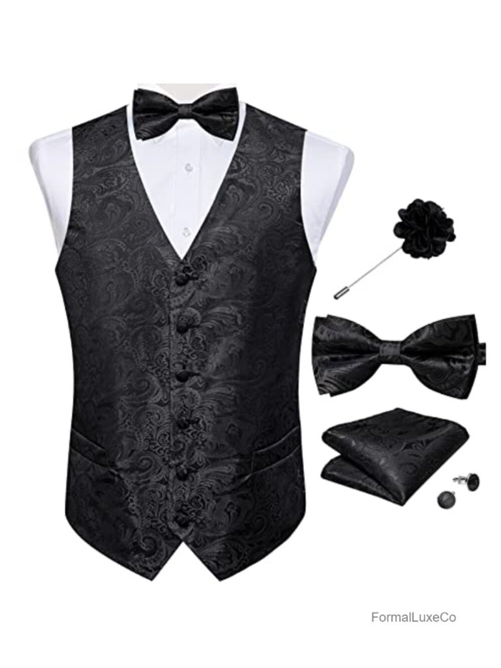 DiBanGu Men's Paisley Suit Vest Bowtie Set Silk Formal Waistcoat 5-Piece
